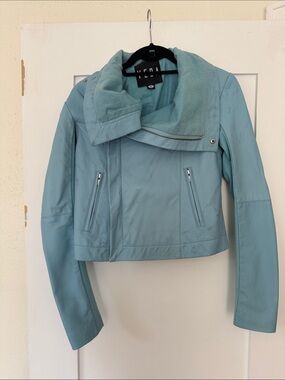 Veda Pastel Blue Leather Moto Jacket